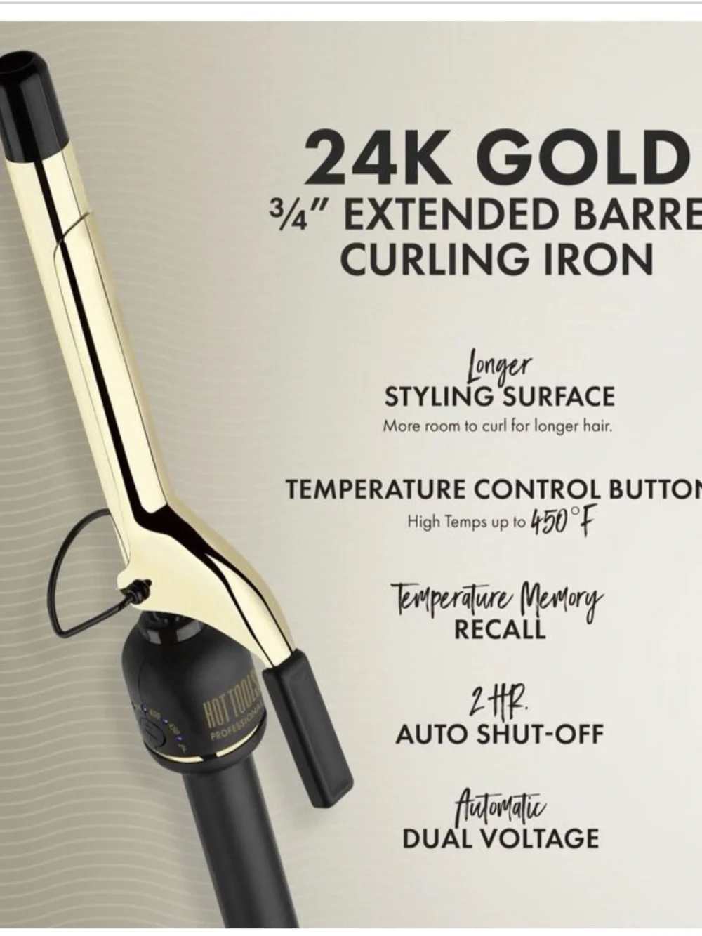 New in box with travel bag, Gold & Black 1 1/4” Long barrel pro curling iron.